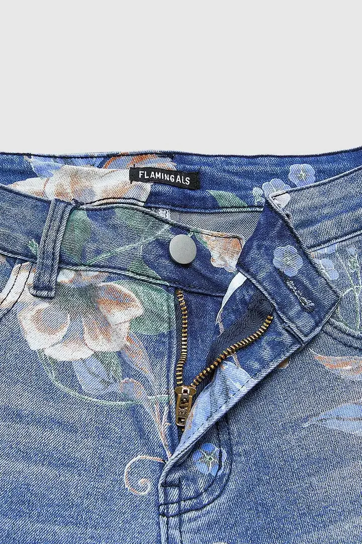 New for 2026: Women's Blue High-waisted Stretch Jeans, Vintage-style Loose-fit Wide-leg Denim Pants with A Floral Print.