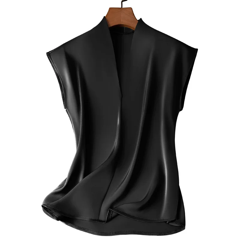 

Женская элегантная блузка из ацетатного атласа с V-образным вырезом без рукавов, летний гладкий повседневный топ