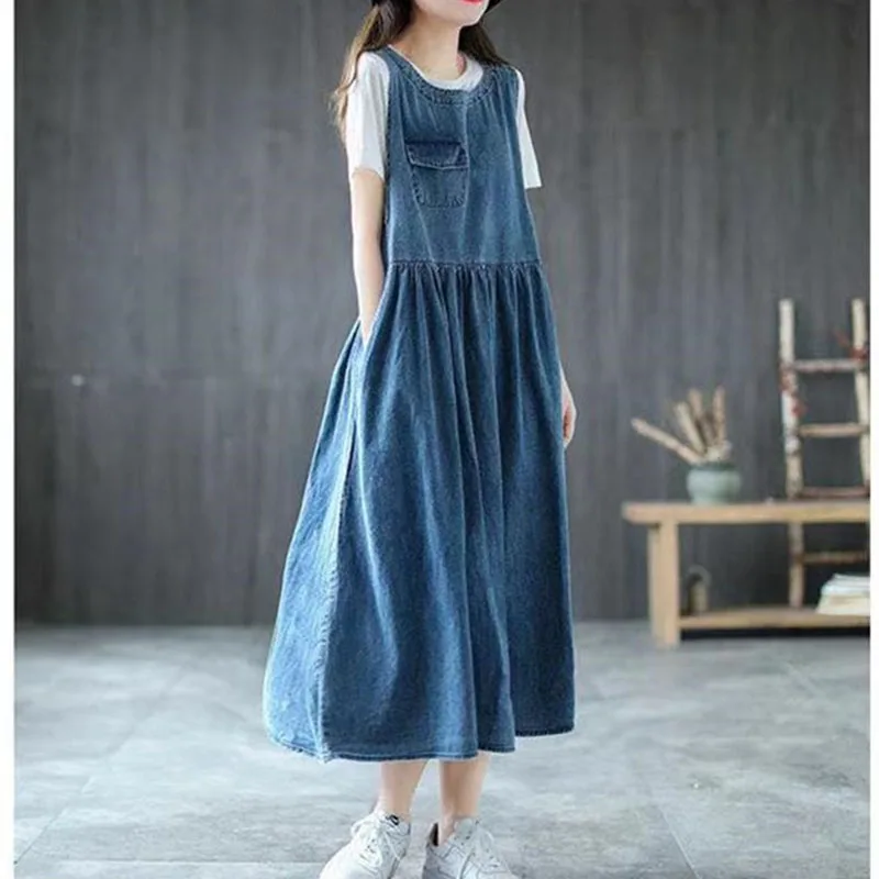 Verão feminino casual colete jeans a linha maxi vestido senhoras moda denim colete vestidos longos feminino em torno do pescoço cowboy vestidos