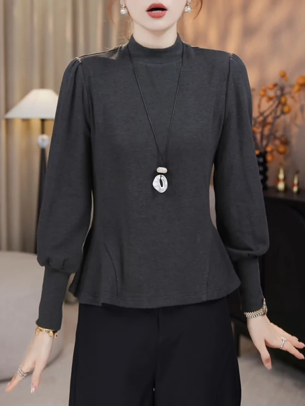 Café Brown Long Sleeve T-Shirt Women's plus Size Autumn Waist Cinched Skirt Hem Top Half High Collar Regular Length Pure Color