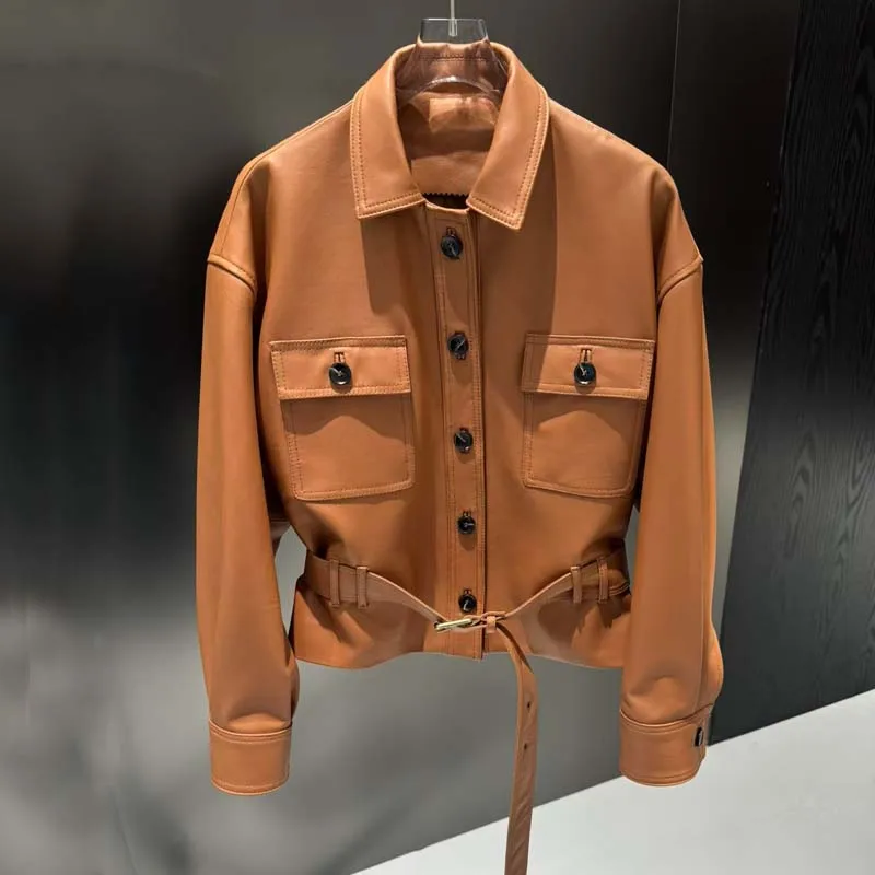 Natural Real Sheep Skin Coat Single-Breasted Women Spring Short Length Outerwear Female With Belt High Quality