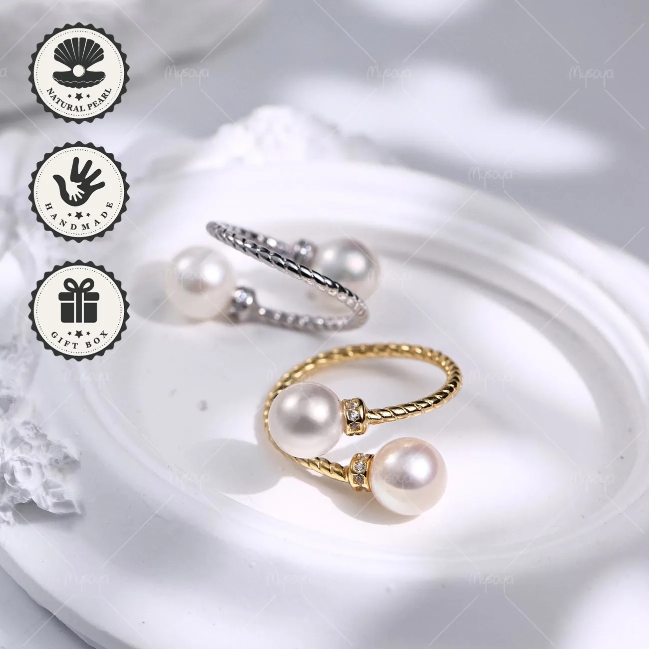 

Японское кольцо Mysoya с двумя жемчужинами Акойя, 8–8,5 мм, S925, золотистое/серебристое, с подарочной коробкой, подарок на День святого Валентина или день рождения для нее