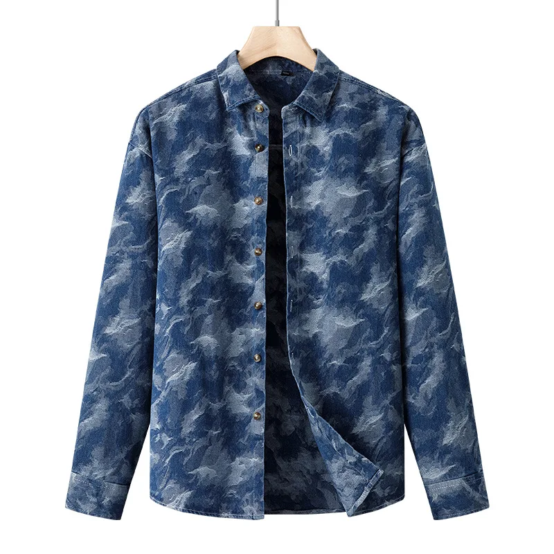 

Washed Blue Men's Denim Shirts Long Sleeved Turn Down Collar Versatile Jean Shirt for Man 2025 New Single Breasted Casual Tops