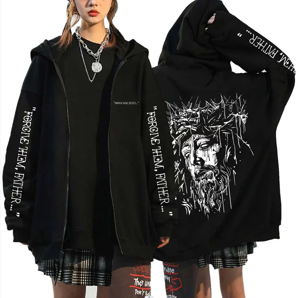 

Christian Religious Jesus Forgive Them Father Zippe Hoodie Men Women Gothic Rock Oversized Zip Up Jacket Male Zip Up Sweatshirt