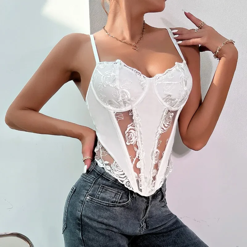 CHUANGERM seksowny koronkowy gorset kwiat haftowany Spaghetti nieregularny Y2K drążą topy typu tuba Camis Slim Fit biustonosz Fishbone Camisole