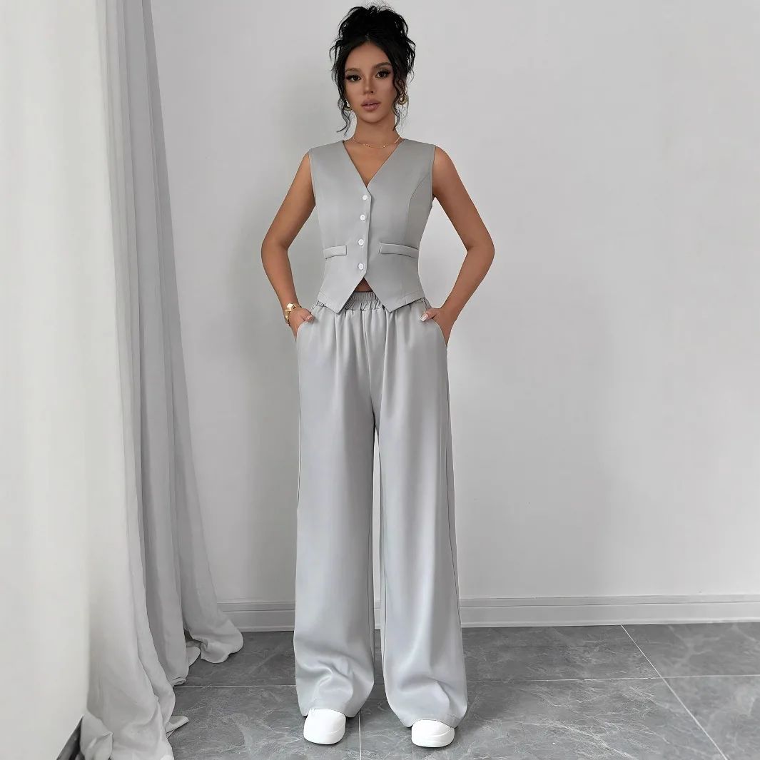 European and American Women's 2026 Spring and Summer Temperament Button Up Sleeveless Vest Long Pants Two-piece Set