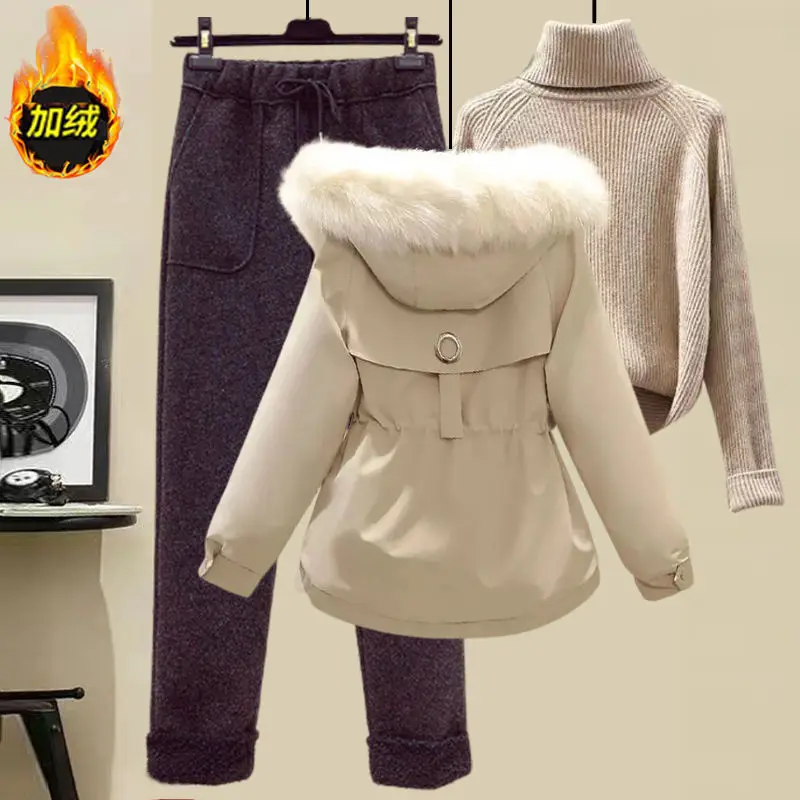 Autumn and Winter 2023 Korean Version Students with Wool Collar Down Cotton Coat Woolen Casual Pants Fashion Women's Suit