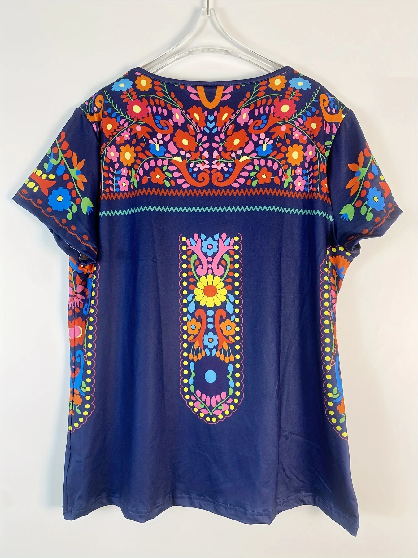 Plus Size Boho T-shirt Damski Plus Kwiatowy Nadruk Krótki Rękaw Okrągły Dekolt Lekko Rozciągliwy T-shirt