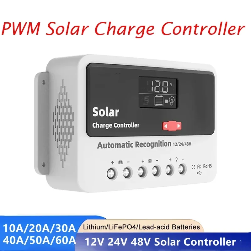 PWM Solar Charge Controller 10A-60A 12V/24V/48V Auto Dual USB Solar Panel Battery Regulator for Lead-Acid Lithium Battery