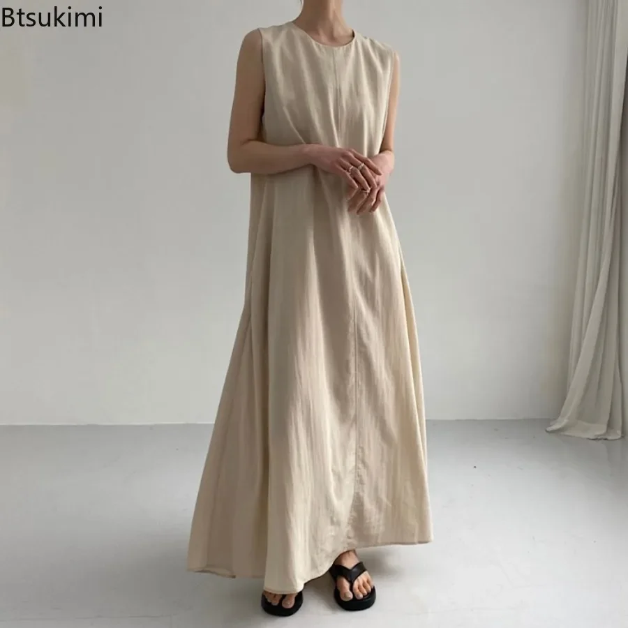 

New 2025 Women's Temperament Summer Dress Fashion Solid Loose Cotton Long Dresses with Pockets Elegant Sleeveless Vestidos Femme