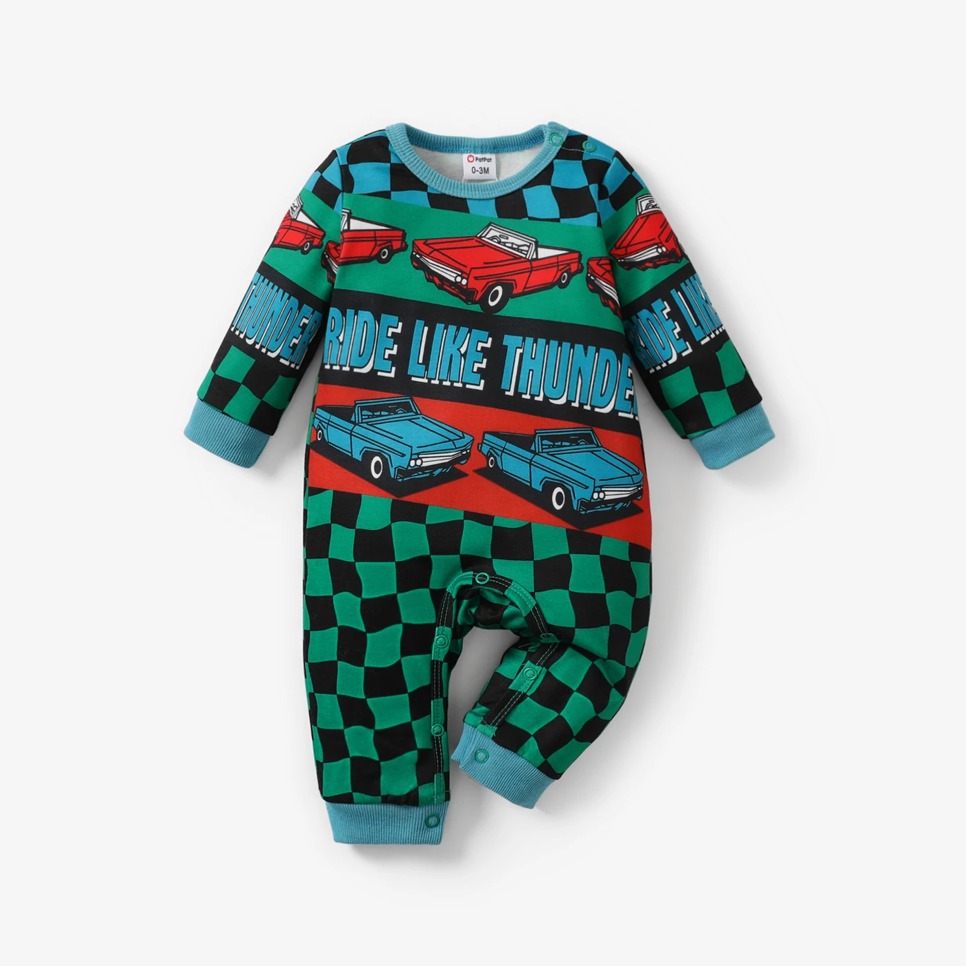 PatPat Baby Girl/Boy Childlike Vehicle and Plaid Pattern Long Sleeve Jumpsuit