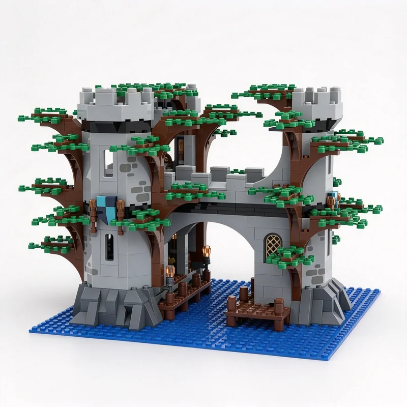 725PCS MOC Medieval Riverine Kingdom Tree Castle Architecture Model Building Blocks DIY Assembly Gifts for Adults Collection