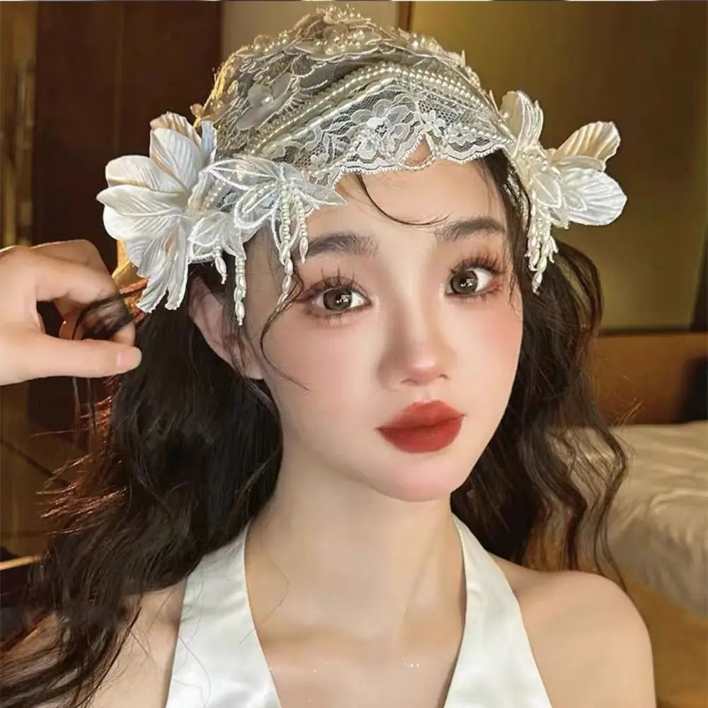 vintage-elegante-noiva-cocar-renda-doce-fotografia-bandana-estilo-frances-flor-branca-casamento-acessorios-de-cabelo-festa