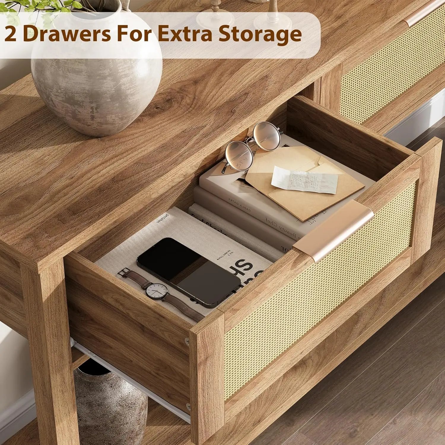 Mesa de entrada de ratán, mesa consola Bohemia con cajón, mesa de sofá de 2 niveles con almacenamiento, mesa consola de madera para sala de estar y pasillo