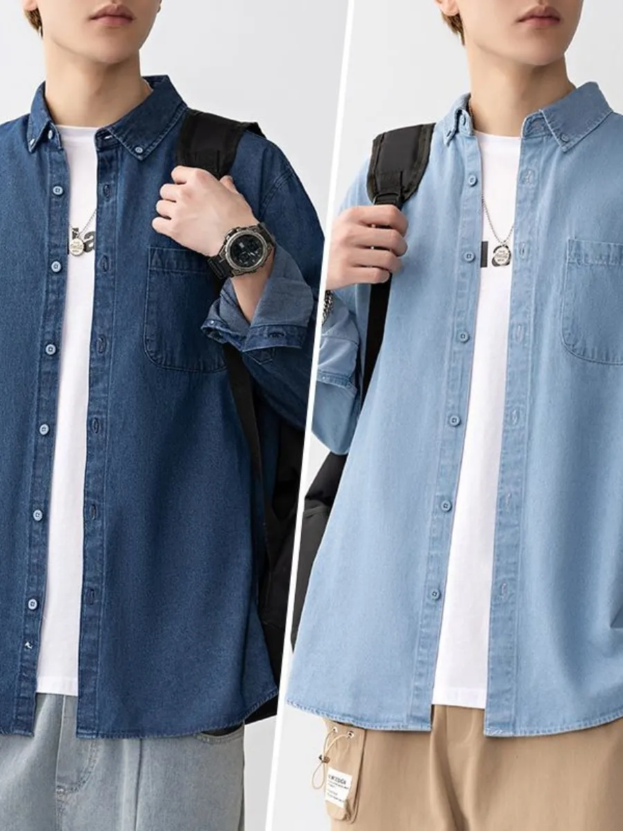 

Loose Fit Long Sve Denim irt Men's Summer Waed Casual Thin Outerwear Jaet Children's Travel Spring Stand Edition