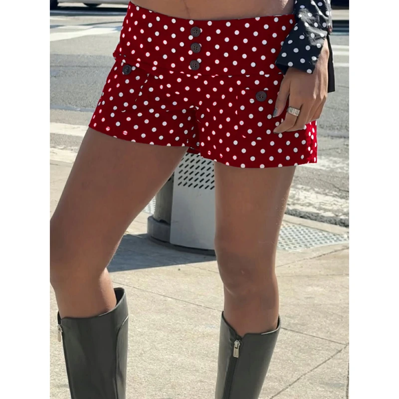 Combhasaki المرأة الصيف Y2k خمر منقطة طباعة السراويل أزرار منخفضة الخصر سليم صالح قيعان أنيقة مع جيوب الشارع الشهير