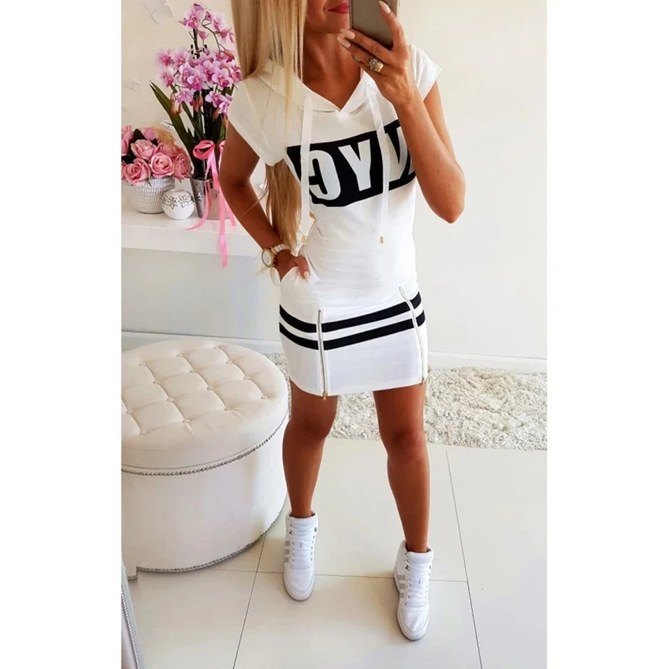 2024 Hooded Women Summer Dress Short Sleeve Letter Print Zipper Bandage Hoodies Lady Casual Sport Bodycon Vestidos Mini Dresses