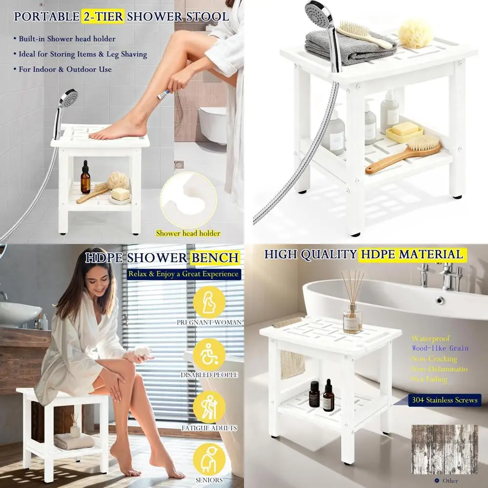 

White HDPE Waterproof Shower Bench with 300lbs Capacity, Storage Shelf and Holder, Indoor/Outdoor Use