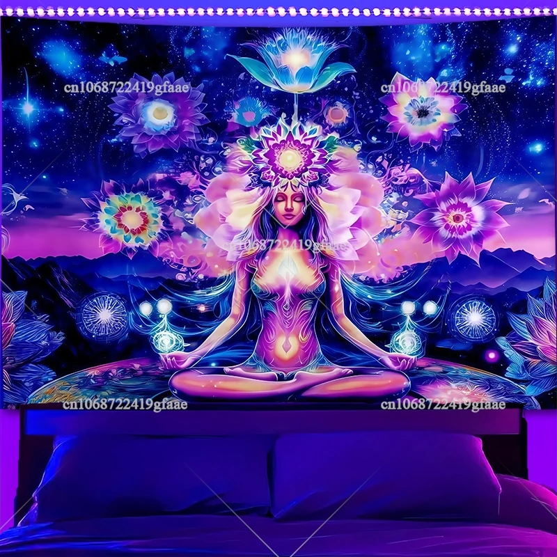 Seven Chakra Blacklight Tapestry UV Reactive Boho Lotus Black Light Tapestrys Yoga Meditation Aesthetic Room Decor Neon Backdrop