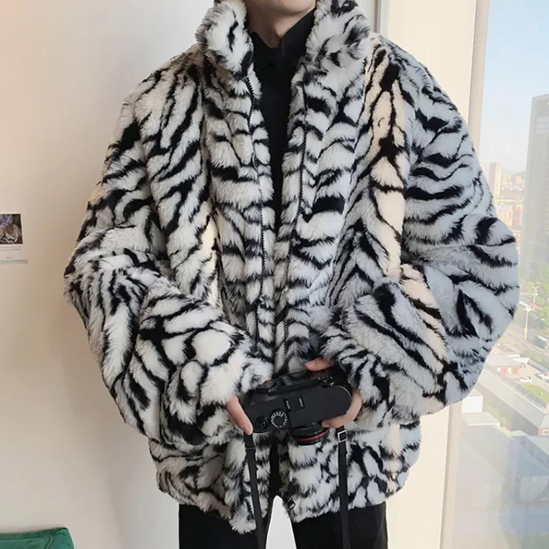 Faux Fur Coat for Men Turn-down Collar Tiger Leopard Imitate Fur Jacket Thick Winter Warm Fluffy Plush Loose Jumper Outwear