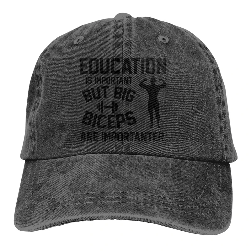 Adjustable Solid Color Baseball Cap Education Is Important. But Big Biceps Are Importanter Washed Cotton Bodybuilding Ripped Hat