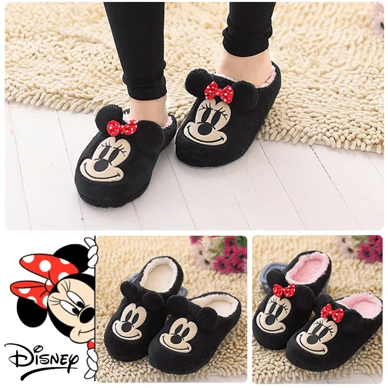 Disney Mickey Plush Slippers Minnie Mouse Couple Warm Soft Home Indoor Flat Shoes Winter Cartoon Anime Kawaii Girls Cotton Shoes