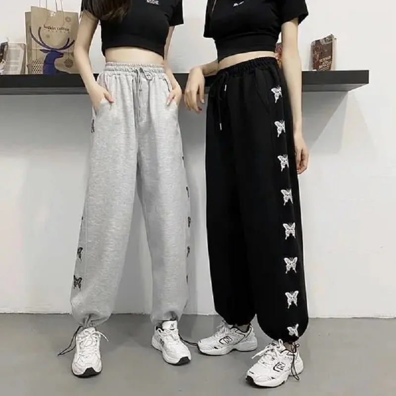 Women's Butterfly Print  Cropped Trousers Korean Gray sweatpants  Drawstring Loose Bandage Tie Feet Oversize Pants jogger Gothic