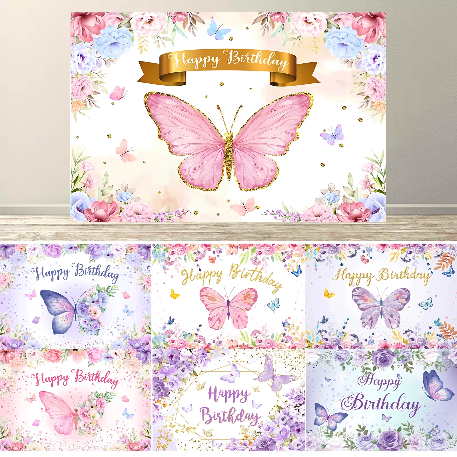 

Pink Purple Butterfly Flower Birthday Backdrop Banner Butterfly Birthday Party Decoration Kids Wedding Birthday Girl Baby Shower