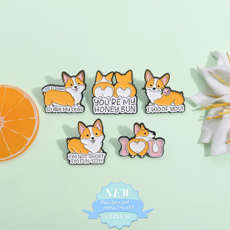 Cute Peach Corgi Hip Dog Enamel Pins Short Legs Big Attitude Corgi Husky Dog Alloy Animal Brooch Badge Sweet For Woman Jewelry ﻿