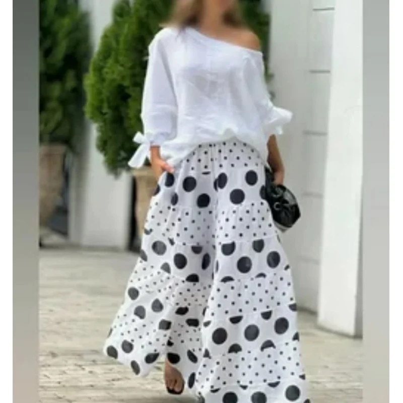 Fato de bolinhas de manga comprida feminino, pescoço com um ombro, top solto, conjunto de calças de pernas largas, moda casual, verão, novo, conjunto de 2 peças