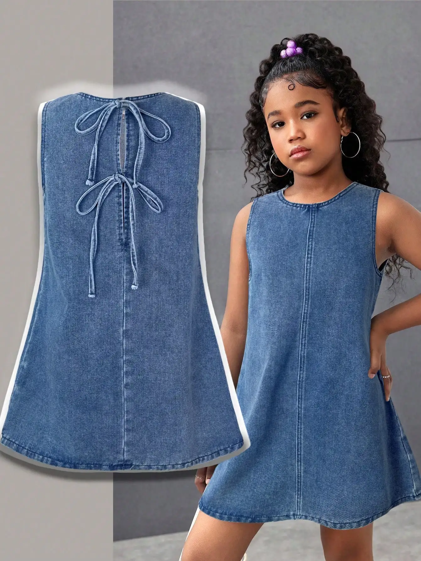 

Джинсовое платье без рукавов с круглым вырезом и завязками на спине