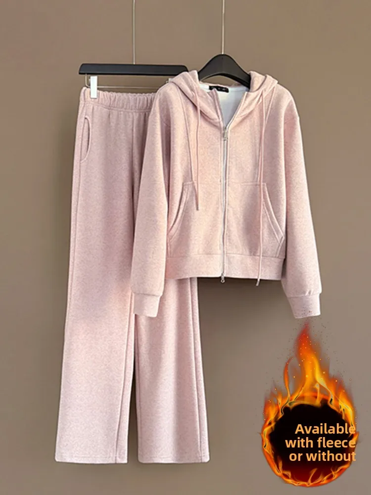 

Chic Winter Sportswear Set Women's Fleece Lined Wide Leg Pants Top Two Piece Pink Casual Comfortable High Waist Ensemble