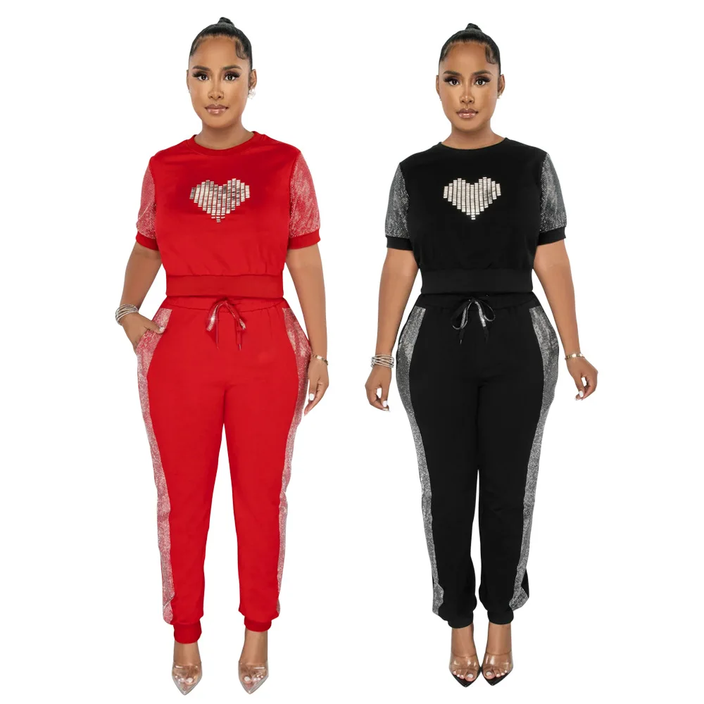 Imagem -05 - Moda Verão Diamante Conjunto de Duas Peças Mulher Rua Esportes Estilo Diamante Amor Tshirt Calças Duas Peças Terno Feminino