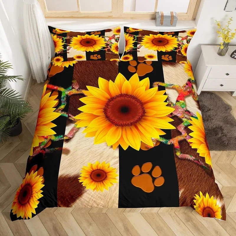 

Cowhide Sunflower Duvet Cover Western Farm Animal Skin Bedding Set Microfiber Cow Fur Comforter Cover Twin For Boys Girls Room