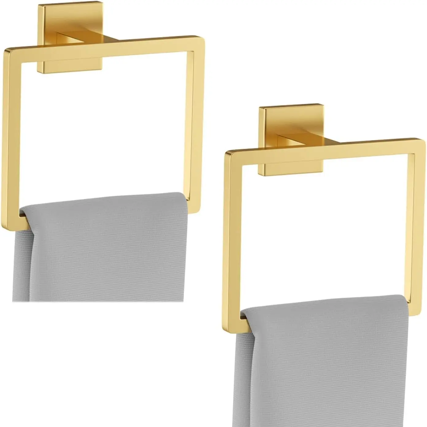 

2-Piece Brushed Gold Towel Ring, Square Hand Towel Holder, Stainless Steel Wall-Mounted for Bathroom