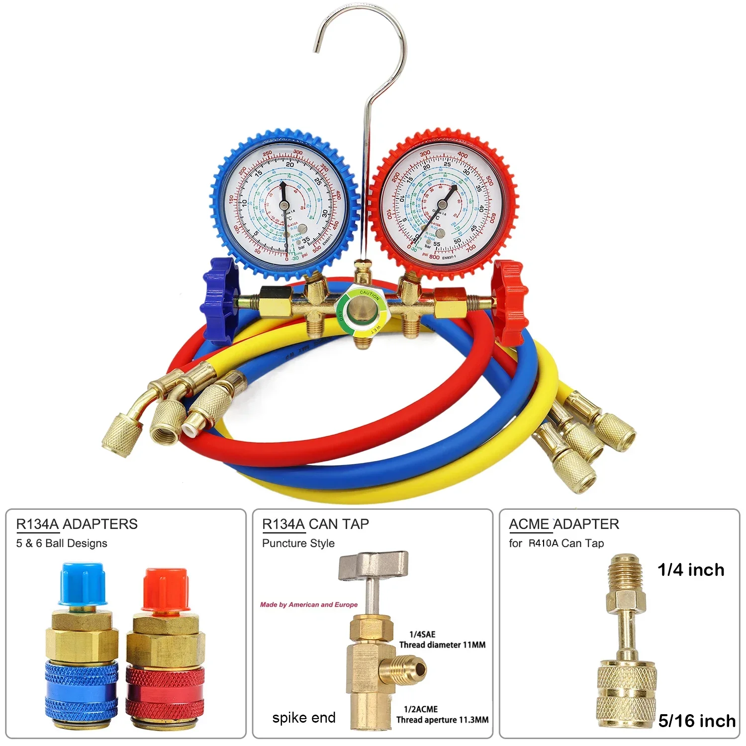 R410A R22 R134A R404A Freon Refill Kit Tool, Car Air Conditioner Pressure Gauge Set, Shock Resistant Pressure Gauge Adapter