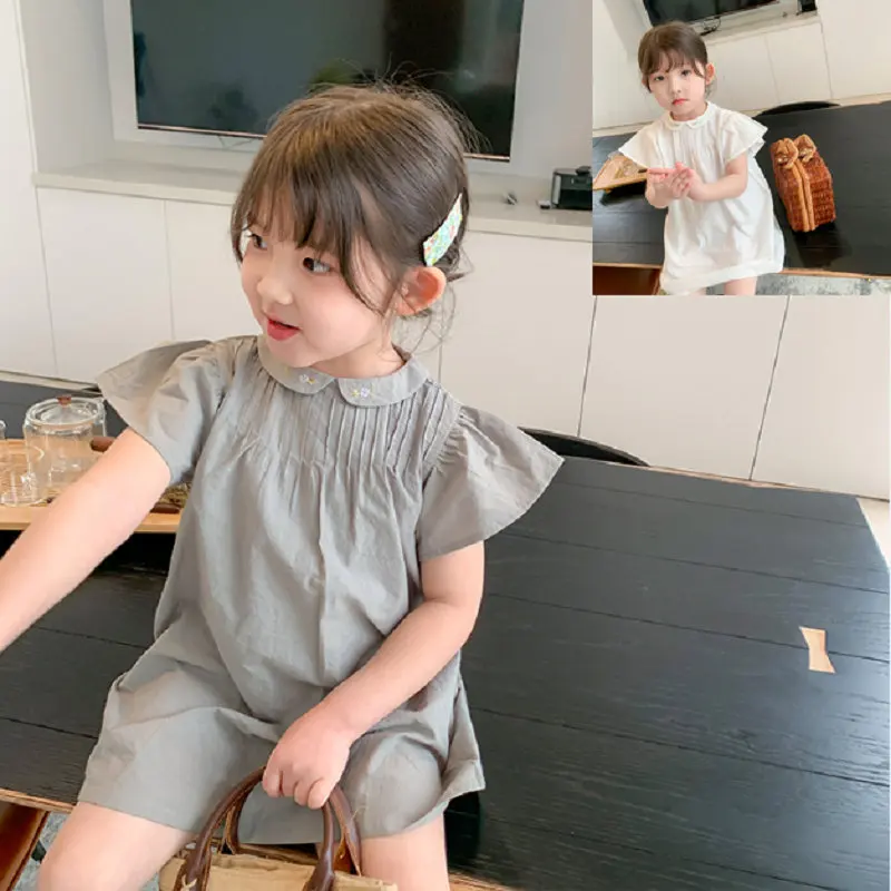 Girls Solid Color Simple and Fresh Skirt Embroidered Small Collar Doll Dress 26 Summer New Childrens Clothing