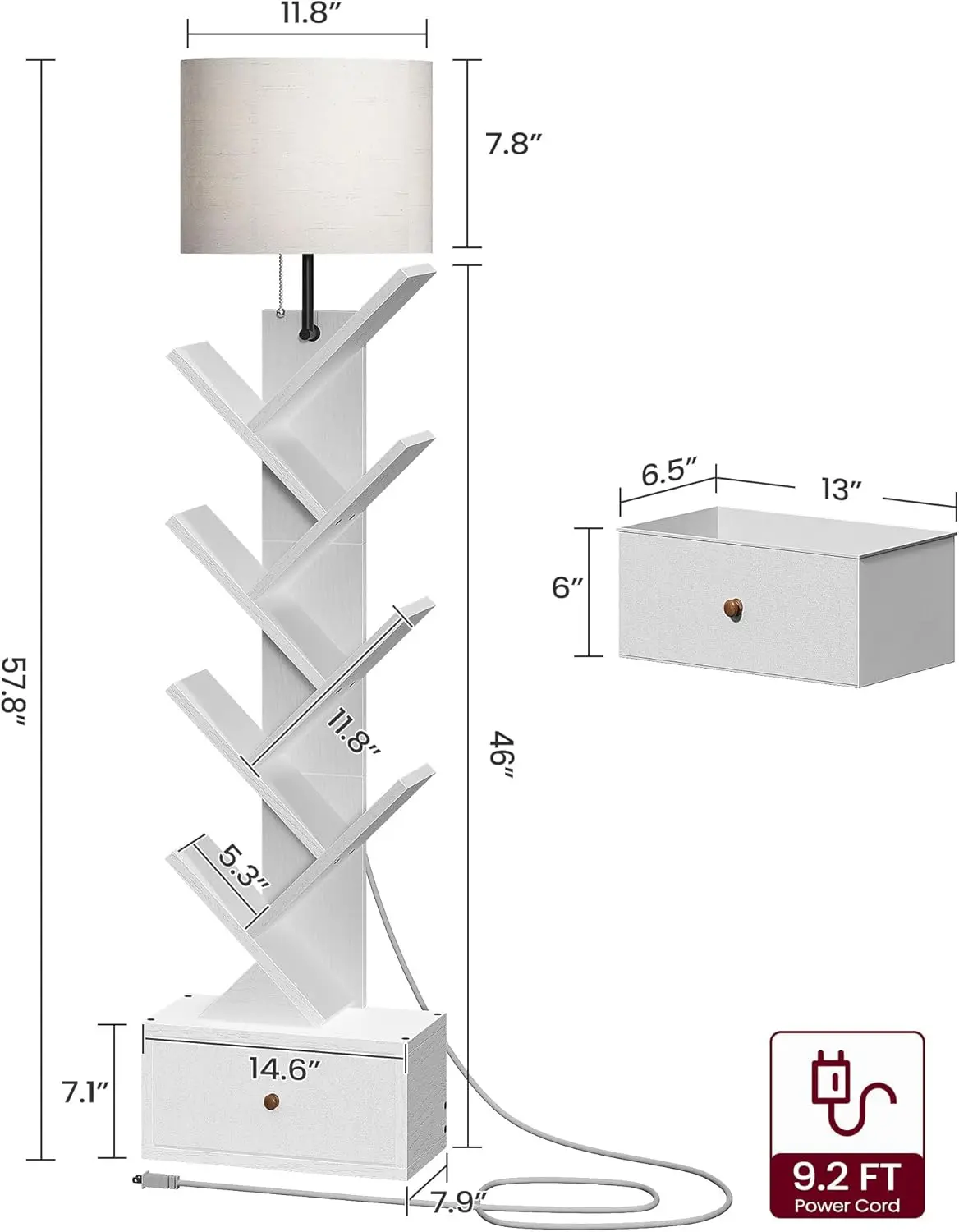 9-Tier Tree Bookshelf with Light & Drawer, Space-Saving Storage for Books/CDs, White