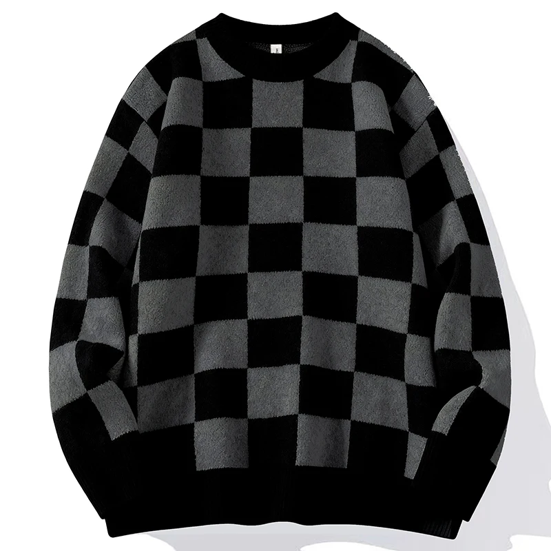 

Мужской вязаный свитер в клетку на осень-зиму, свободный крой, теплый, с круглым вырезом, повседневный, из полиэфирного волокна, с длинными рукавами