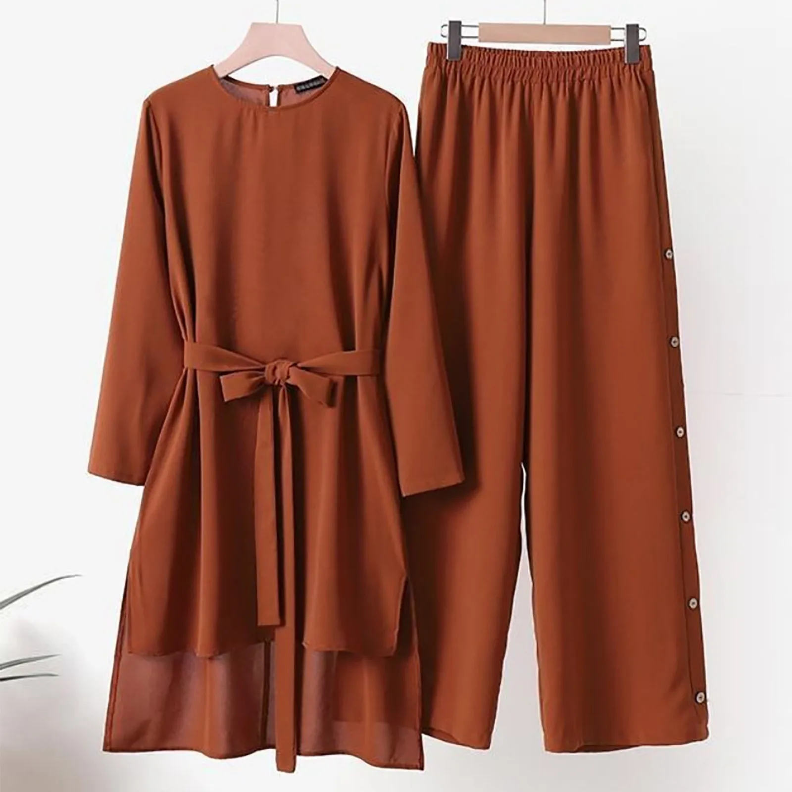 Eid Ramadan Women Muslim Suit Two Piece Sets Tracksuit Islamic Musulman Ensemble Casual Long Sleeve Blouse Wide Leg Pant Suits