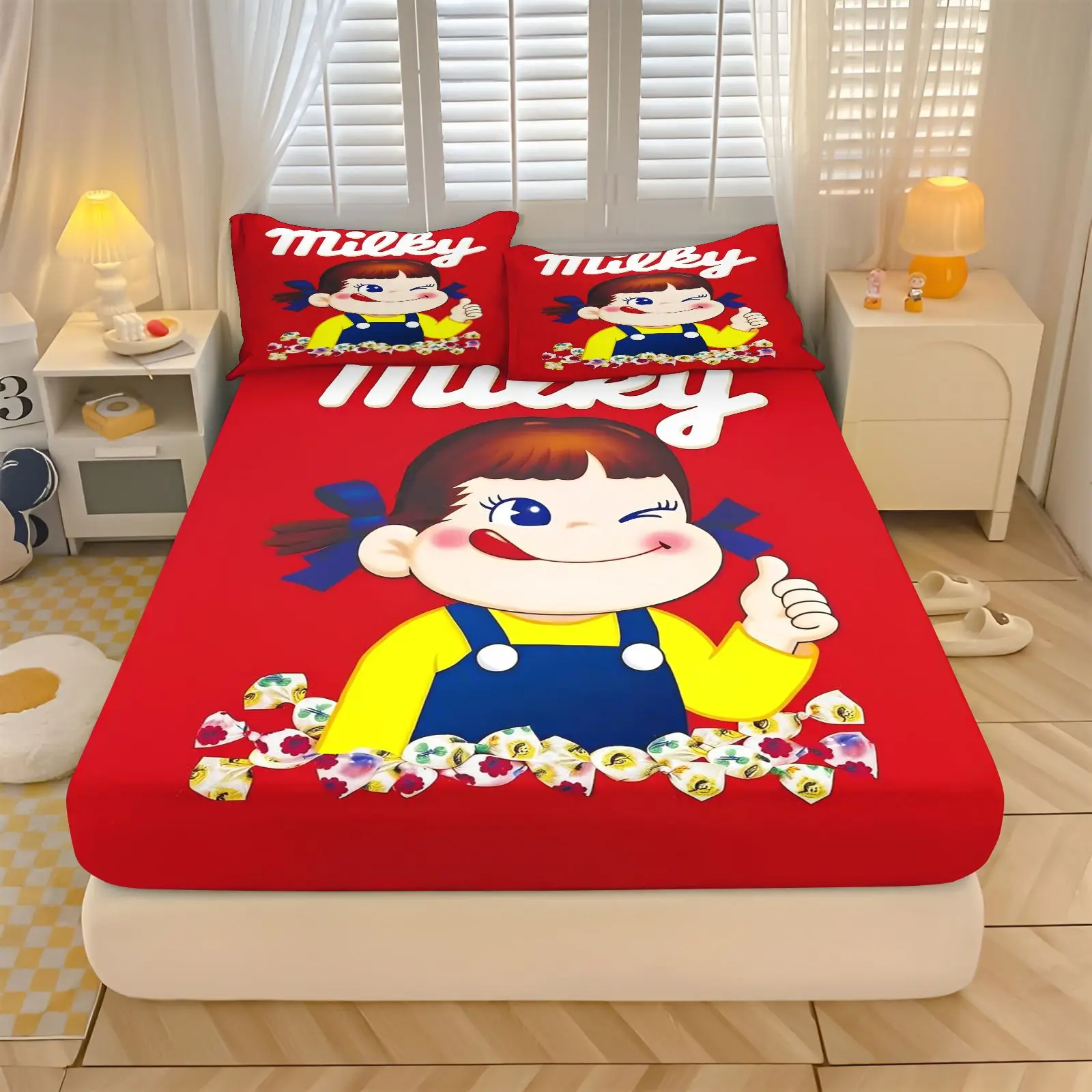 Fujiya Milky Peko Chan 3pcs Fitted Sheet Set Cute Cartoon Girl Print Soft Breathable Bedroom Bedding for Single Double Bed