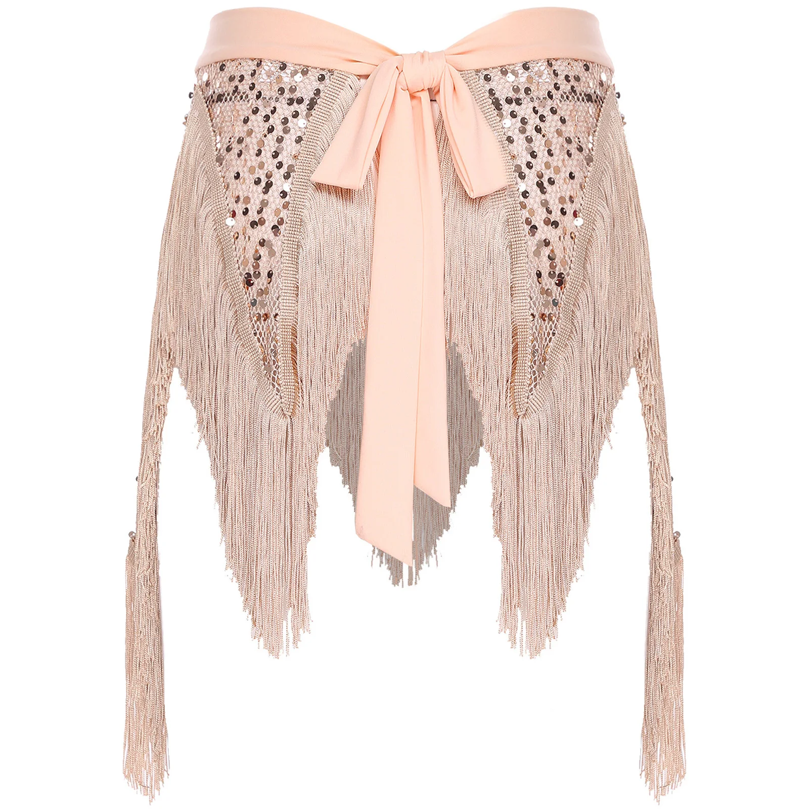 

Womens Belly Dance Hip Scarf Skirt Glitter Sequined Fish Net Mesh Irregular Hem Tassel Lace-up Waist Skirt Lyrical Dancewear