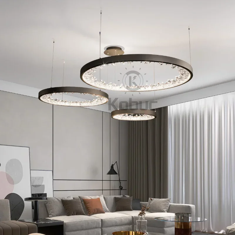 Round Ring Chandelier Modern Crystal Pendant Light 40/60/80cm for Living Room Bedroom Kitchen Home Decor Black/Gold Lamp