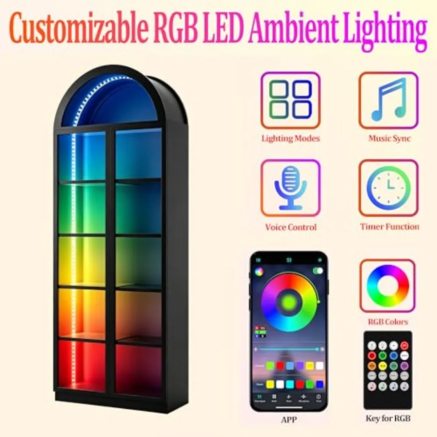 Arch display cabinet for living room office, acrylic glass door, white, 77 tall with LED light and 6-tier shelving for collecti view 3