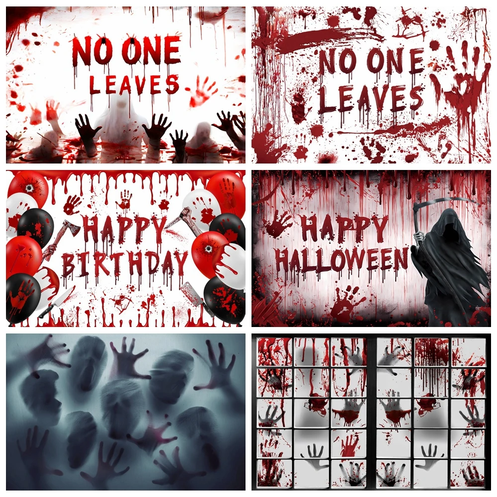 

Halloween Backdrop Horror No One Leaves Bloody Hands Balloon Cemetery Demonic Scary Halloween Party Photography Background Decor