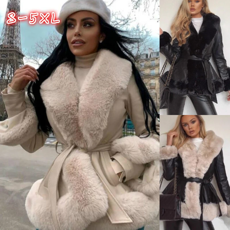 Women Fashion PU Leather Tie Belt Waist Mid-Length Coats 2023 Side Pockets Jackets Elegant Solid Faux Fur Jacket Female Overcoat