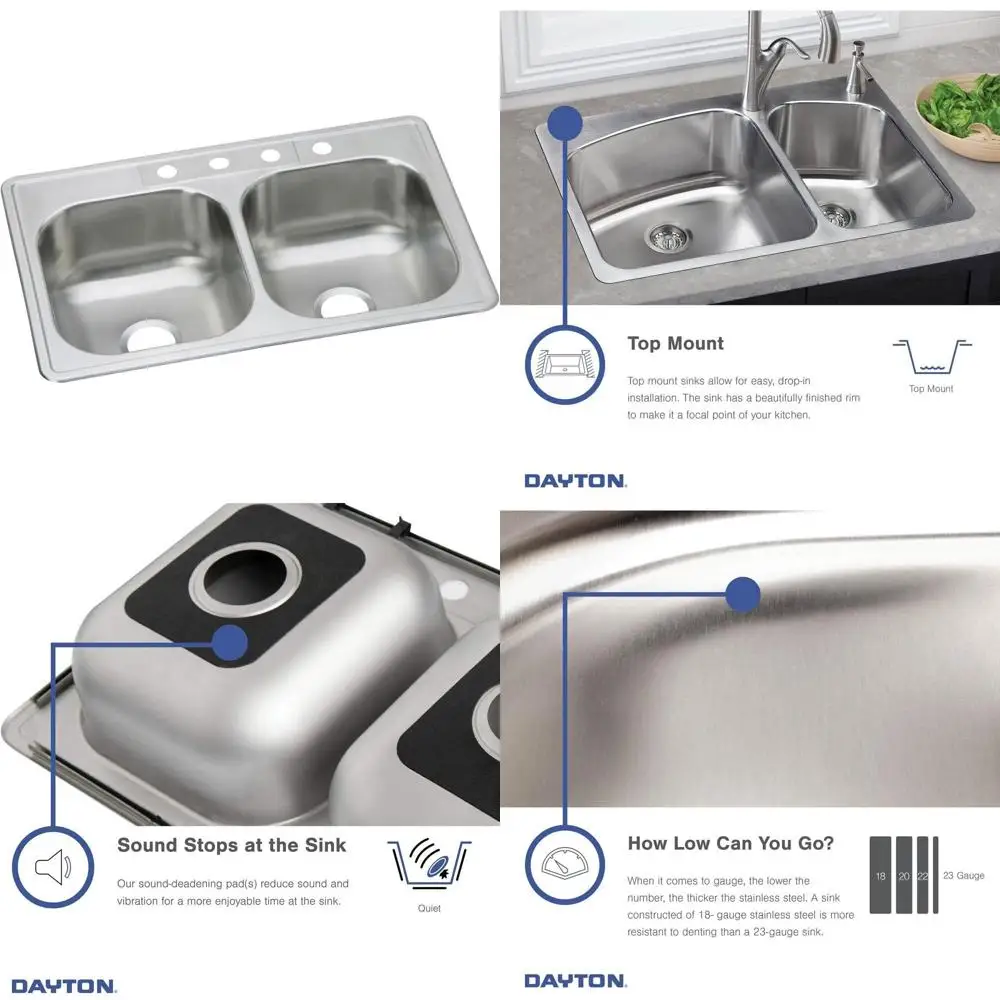 

33 x 22 Stainless Steel 4-Hole Equal Double Bowl Drop-In Sink, 8-1/16 Depth