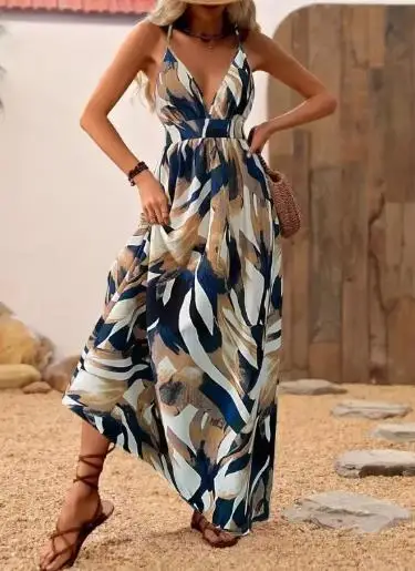 

Women's Fashion 2025 Summer Dress Latest Hot Selling Style Elegant V-Neck Vacation Style Printed Dress with Suspender Straps