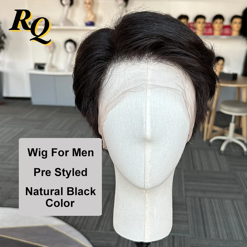 Peruca de renda completa pré-estilizada masculina, peruca masculina, peruca pré-cortada, cabelo humano virgem, peruca preta, sistema de substituição