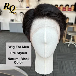 Male Wig Pre Styled Short Cut Full Lace Wig For Men Pre Cut Hair Toupee Hairpiece Virgin Human Hair Replacement System Black